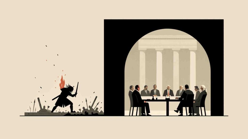 An artistic, high-contrast metaphorical illustration contrasting an isolated warrior fighting on a chaotic battlefield with a group of statesmen conversing calmly in a dimly lit, classical council chamber.